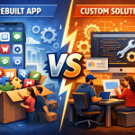 Custom app vs pre built software comparison illustration showing scalable custom development versus ready made business app solution