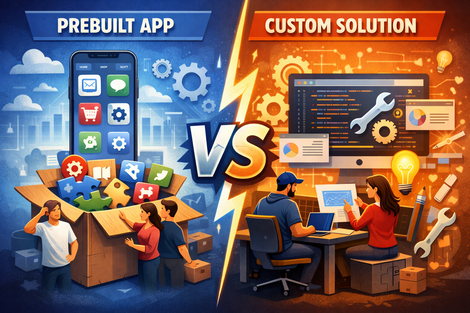Custom app vs pre built software comparison illustration showing scalable custom development versus ready made business app solution